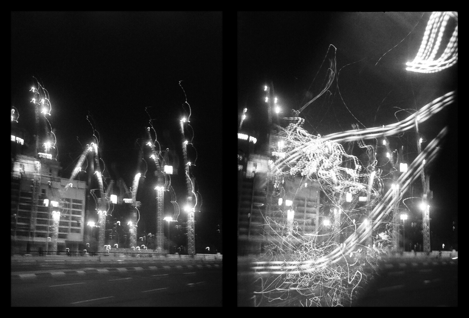A construction site at night, black and white film.